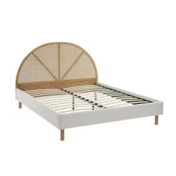 Lit Double TSUKI 140x190 Tissu Bouclette écru Et Cannage Rotin -Meuble Déco Soldes lit double tsuki 140x190 tissu bouclettes ecru et cannage rotin 4