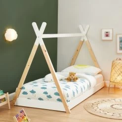 Lit Enfant Cabane TINY Pin Massif Blanc Et Naturel Sommier 90x200 Inclus -Meuble Déco Soldes lit enfant cabane tiny pin massif blanc et naturel sommier 90x200 inclus 1