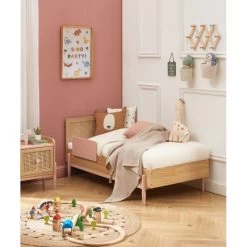 Lit Enfant PABLO Rose Et Cannage Rotin 70x140 Sommier Inclus