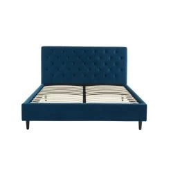 Lit Double HUBERT Velours Bleu Paon 160x200 Sommier Inclus -Meuble Déco Soldes lit hubert velours bleu 160x200cm 4