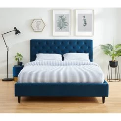 Lit Double HUBERT Velours Bleu Paon 160x200 Sommier Inclus -Meuble Déco Soldes lit hubert velours bleu 160x200cm 6