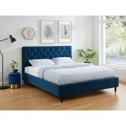 Lit Double HUBERT Velours Bleu Paon 160x200 Sommier Inclus -Meuble Déco Soldes lit hubert velours bleu 160x200cm 8