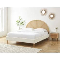 Lit Double TSUKI 160x200 Tissu Bouclette écru Et Cannage Rotin -Meuble Déco Soldes lit tsuki 160x200 tissu bouclettes ecru et cannage rotin 1