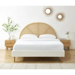 Lit Double TSUKI 160x200 Tissu Bouclette écru Et Cannage Rotin