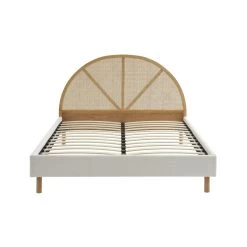 Lit Double TSUKI 160x200 Tissu Bouclette écru Et Cannage Rotin -Meuble Déco Soldes lit tsuki 160x200 tissu bouclettes ecru et cannage rotin 5