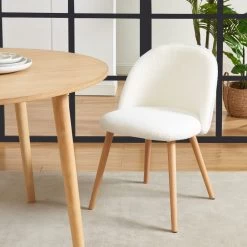 Lot De 2 Chaises MACARON Tissu Bouclettes écru Pieds Hêtre Massif -Meuble Déco Soldes lot de 2 chaises macaron tissu bouclettes ecru pieds hetre massif 1