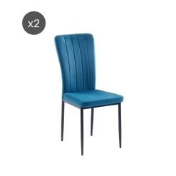Lot De 2 Chaises POPPY Velours Bleu Pieds En Métal Noir -Meuble Déco Soldes lot de 2 chaises poppy velours bleu pieds en metal noir 2