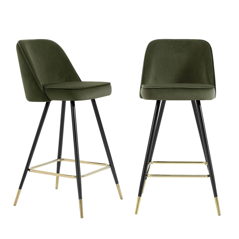 Lot De 2 Tabourets EUGENE En Velours Kaki Avec Pieds Noir Et Doré 2 Lot De 2 Tabourets EUGENE En Velours Kaki Avec Pieds Noir Et Doré – Image 2