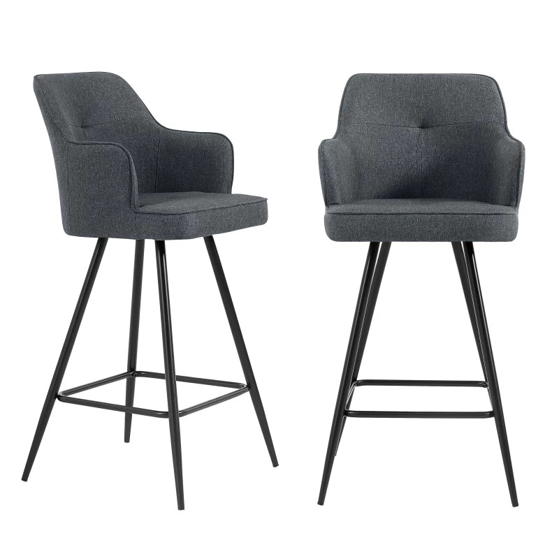 Lot De 2 Tabourets GUSTAVE En Tissu Gris Avec Pieds Noir 2 Lot De 2 Tabourets GUSTAVE En Tissu Gris Avec Pieds Noir – Image 2