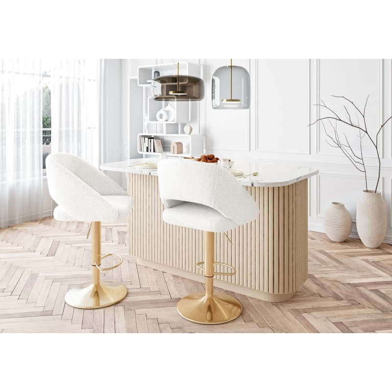 Lot De 2 Tabourets De Bar LENNY En Tissu Bouclette Blanc Piètement En Métal Doré 1 Lot De 2 Tabourets De Bar LENNY En Tissu Bouclette Blanc Piètement En Métal Doré