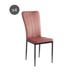 Lot De 4 Chaises POPPY Velours Rose Pieds En Métal Noir -Meuble Déco Soldes lot de 4 chaises poppy velours rose pieds en metal noir 4