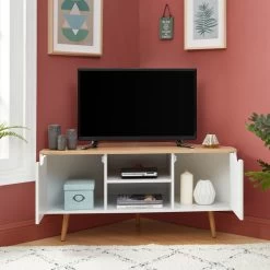 Meuble Tv D'angle LYNA Blanc Et Effet Chêne 2 Portes 115cm -Meuble Déco Soldes lynamtvblch meuble tv bl chene 2