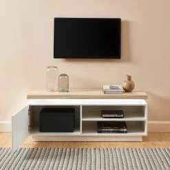 Meuble Tv à Led COSMOS Laqué Blanc Et Effet Chêne L120cm -Meuble Déco Soldes meuble tv a led cosmos laque blanc et effet chene l120cm 2