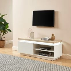 Meuble Tv à Led COSMOS Laqué Blanc Et Effet Chêne L120cm -Meuble Déco Soldes meuble tv a led cosmos laque blanc et effet chene l120cm 3