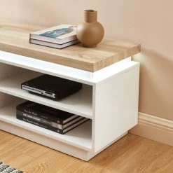 Meuble Tv à Led COSMOS Laqué Blanc Et Effet Chêne L120cm -Meuble Déco Soldes meuble tv a led cosmos laque blanc et effet chene l120cm 4