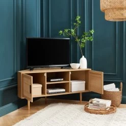 Meuble Tv D'angle AMANA Effet Chêne Et Cannage Rotin 2 Portes -Meuble Déco Soldes meuble tv d angle amana effet chene et cannage rotin 2 portes 1