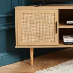 Meuble Tv D'angle AMANA Effet Chêne Et Cannage Rotin 2 Portes -Meuble Déco Soldes meuble tv d angle amana effet chene et cannage rotin 2 portes 3