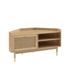 Meuble TV D'angle LEON Placage Chêne Et Cannage Rotin 120cm