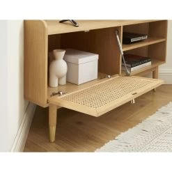 Meuble TV D'angle LEON Placage Chêne Et Cannage Rotin 120cm -Meuble Déco Soldes meuble tv d angle leon placage chene et cannage rotin 120cm 3