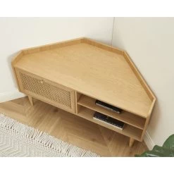 Meuble TV D'angle LEON Placage Chêne Et Cannage Rotin 120cm -Meuble Déco Soldes meuble tv d angle leon placage chene et cannage rotin 120cm 4