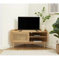 Meuble TV D'angle LEON Placage Chêne Et Cannage Rotin 120cm -Meuble Déco Soldes meuble tv d angle leon placage chene et cannage rotin 120cm 6