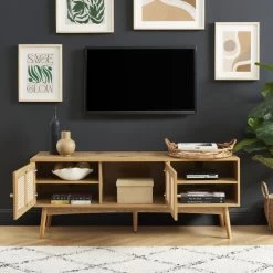 Meuble Tv INES Effet Chêne Et Cannage Rotin L140cm -Meuble Déco Soldes meuble tv ines effet chene et cannage rotin l140cm 1