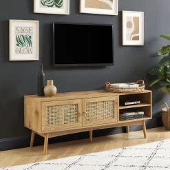 Meuble Tv INES Effet Chêne Et Cannage Rotin L140cm -Meuble Déco Soldes meuble tv ines effet chene et cannage rotin l140cm 2