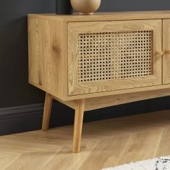 Meuble Tv INES Effet Chêne Et Cannage Rotin L140cm -Meuble Déco Soldes meuble tv ines effet chene et cannage rotin l140cm 3