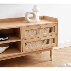 Meuble Tv LEON Chêne Et Cannage Rotin 160cm -Meuble Déco Soldes meuble tv leon bois et cannage naturel 1 porte et 2 tiroirs l160cm 2