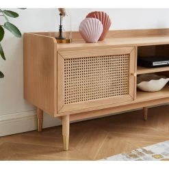 Meuble Tv LEON Chêne Et Cannage Rotin 160cm -Meuble Déco Soldes meuble tv leon bois et cannage naturel 1 porte et 2 tiroirs l160cm 3