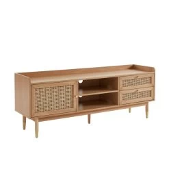 Meuble Tv LEON Chêne Et Cannage Rotin 160cm -Meuble Déco Soldes meuble tv leon bois et cannage naturel 1 porte et 2 tiroirs l160cm 4
