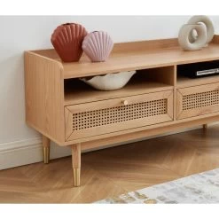 Meuble Tv LEON Chêne Et Cannage Rotin 120cm -Meuble Déco Soldes meuble tv leon bois et cannage naturel 2 tiroirs et 2 niches l120cm 1