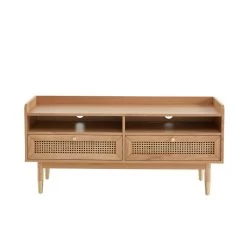 Meuble Tv LEON Chêne Et Cannage Rotin 120cm -Meuble Déco Soldes meuble tv leon bois et cannage naturel 2 tiroirs et 2 niches l120cm 2