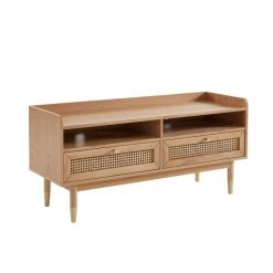 Meuble Tv LEON Chêne Et Cannage Rotin 120cm -Meuble Déco Soldes meuble tv leon bois et cannage naturel 2 tiroirs et 2 niches l120cm 3