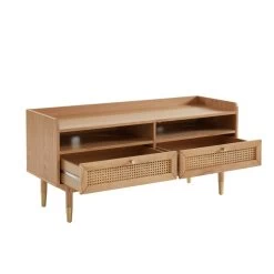 Meuble Tv LEON Chêne Et Cannage Rotin 120cm -Meuble Déco Soldes meuble tv leon bois et cannage naturel 2 tiroirs et 2 niches l120cm 4
