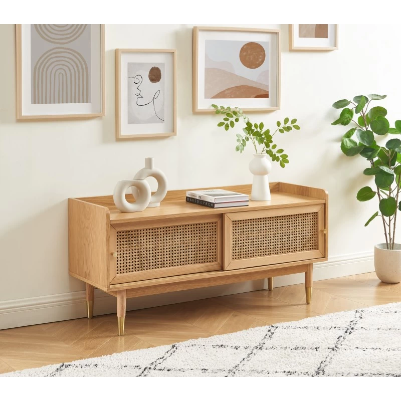 Meuble TV LEON Placage Chêne Et Cannage Rotin 120cm 2 Meuble TV LEON Placage Chêne Et Cannage Rotin 120cm – Image 2