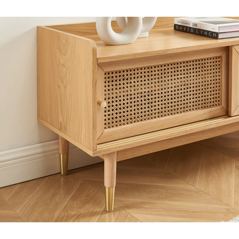Meuble TV LEON Placage Chêne Et Cannage Rotin 120cm 3 Meuble TV LEON Placage Chêne Et Cannage Rotin 120cm – Image 3