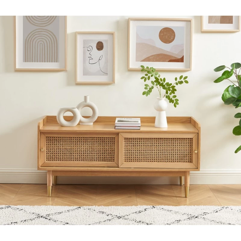 Meuble TV LEON Placage Chêne Et Cannage Rotin 120cm 1 Meuble TV LEON Placage Chêne Et Cannage Rotin 120cm