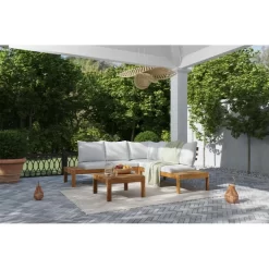 Salon De Jardin AUGUSTA En Bois D’acacia 5 Places Coussins Gris Clair