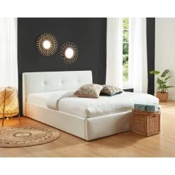 Lit Coffre SEGURO Simili Blanc Coffre 160x200 Sommier Inclus
