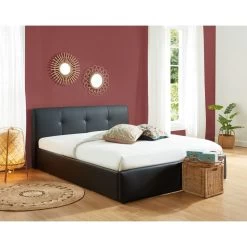 Lit Coffre SEGURO Simili Noir 160x200 Sommier Inclus