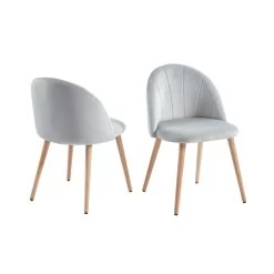 Lot De 2 Chaises SHELL Velours Gris Clair Pieds Bois Massif -Meuble Déco Soldes shell 2 chaises velours gris 2