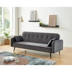 Canapé Convertible SWEETY Droit En Velours Gris Pieds Métal Noir Et 2 Coussins