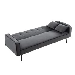 Canapé Convertible SWEETY Droit En Velours Gris Pieds Métal Noir Et 2 Coussins -Meuble Déco Soldes sweetydrcvvvgr canape 3pl 3