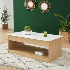 Table Basse AMOS Blanc Et Effet Chêne Plateau Revelable 10 Table Basse AMOS Blanc Et Effet Chêne Plateau Revelable -Meuble Déco Soldes table basse amos decor bois et blanc plateau relevable l110cm 2