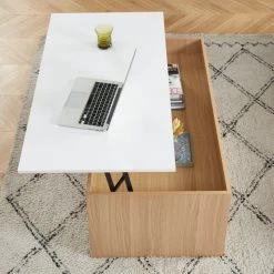 Table Basse AMOS Blanc Et Effet Chêne Plateau Revelable 11 Table Basse AMOS Blanc Et Effet Chêne Plateau Revelable -Meuble Déco Soldes table basse amos decor bois et blanc plateau relevable l110cm 3
