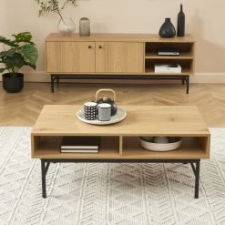 Table Basse JAMES Effet Chêne Pieds Métal Noir -Meuble Déco Soldes table basse james effet chene pieds metal noir 1