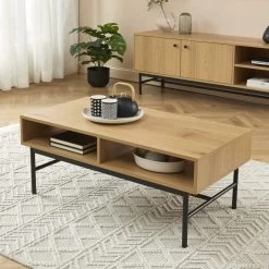 Meuble Déco Soldes 29 Table Basse JAMES Effet Chêne Pieds Métal Noir