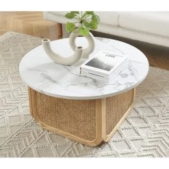 Table Basse LEON Effet Marbre Et Cannage Rotin 80cm -Meuble Déco Soldes table basse leon effet marbre et cannage rotin 80cm 1