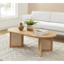 Meuble Déco Soldes 31 Table Basse LEON Placage Chêne Et Cannage Rotin 120cm